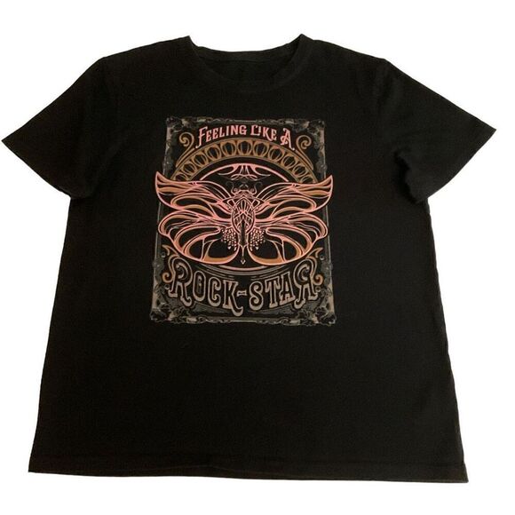 SHEIN Tee Shirt Graphic Feeling Like A Rockstar Black Butterfly Print Medium - Picture 9 of 11